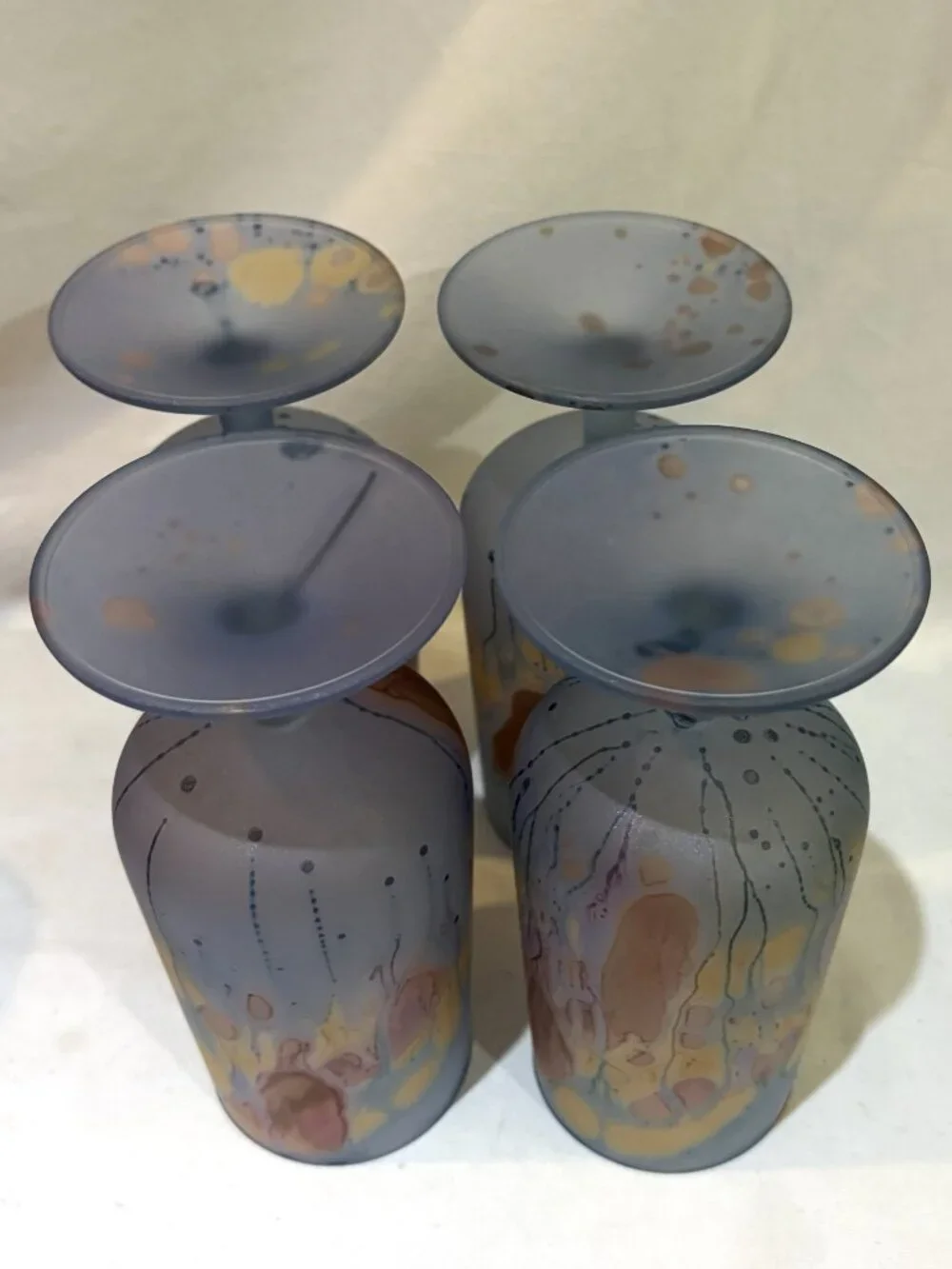 Reuven Glass Art Nouveau Hand Made Stem Wine Glasses Frosted Finish